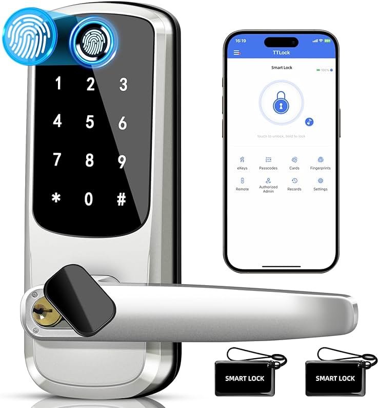 Smart Lock with Handle Set, Biometric Fingerprint Keyless Entry Deadbolt, Electronic Digital Keypad with App Control & Auto-Lock for Front Door, Home, Airbnb & Rental, Satin Nickel - Product Image