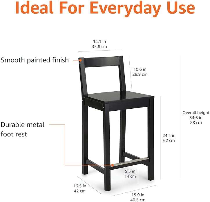 Amazon Basics Wooden Bar Stool with Backrest 24", Black, 1 Unit - Image 3