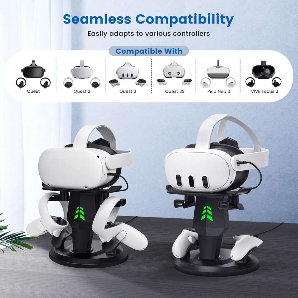 alcopanda VR Headset Charging Dock for Meta Quest 3/Quest 3S/Quest 2, VR Charging Stand for Quest 3 Accessories VR Stand Supports Charging Headset with Type C Cable and fit Controller with Cover - Image 2