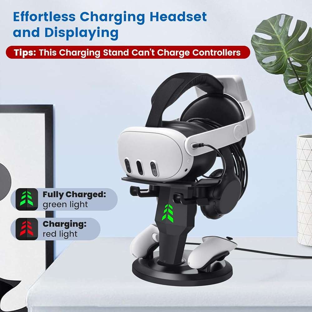 alcopanda VR Headset Charging Dock for Meta Quest 3/Quest 3S/Quest 2, VR Charging Stand for Quest 3 Accessories VR Stand Supports Charging Headset with Type C Cable and fit Controller with Cover - Image 3