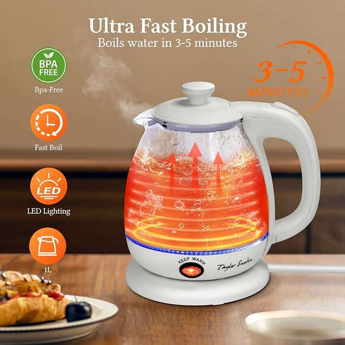 Taylor Swoden Electric Kettle With Tea Infuser, 1L Small Electric Kettle With Keep Warm, LED Light Hot Water Boiler & Heater For Coffee & Tea, Auto Shut-Off & Boil Dry Protection, Bpa Free, White - Image 2
