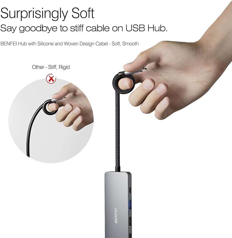 BENFEI USB C Hub 5-in-1 with 4K HDMI(Certified), 100W Power Delivery, 3 USB-A, Silicone Cable, Aluminum Case Compatible with MacBook Pro/Air, iPad Pro, iMac, iPhone 15 Pro/Pro Max, XPS, Thinkpad - Image 2