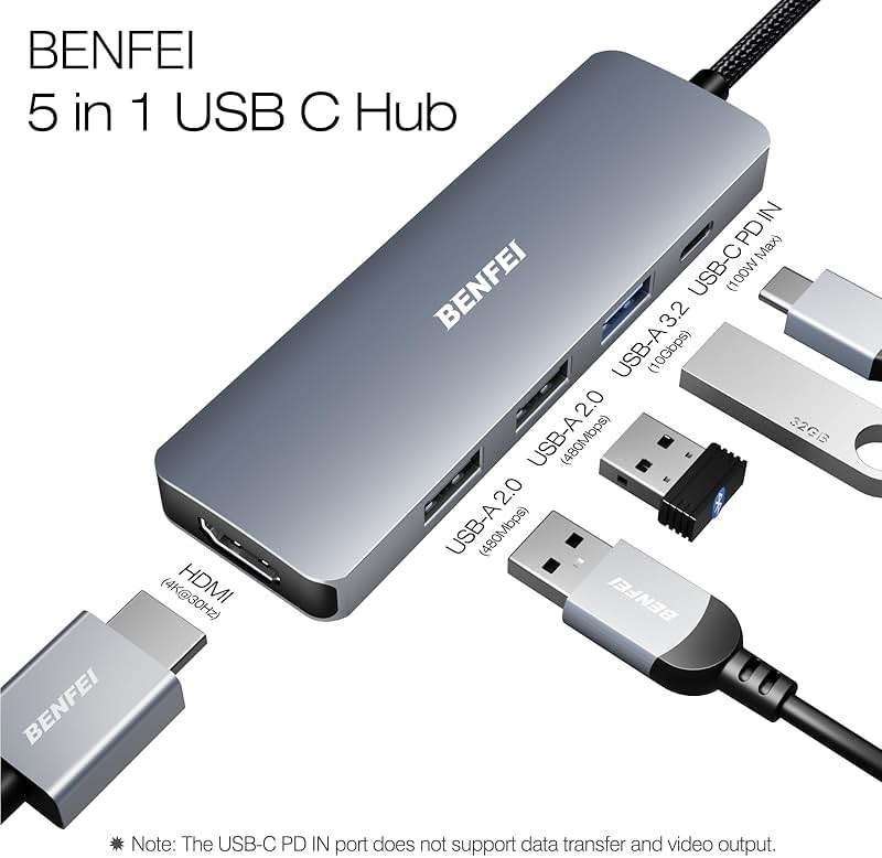 BENFEI USB C Hub 5-in-1 with 4K HDMI(Certified), 100W Power Delivery, 3 USB-A, Silicone Cable, Aluminum Case Compatible with MacBook Pro/Air, iPad Pro, iMac, iPhone 15 Pro/Pro Max, XPS, Thinkpad - Image 3