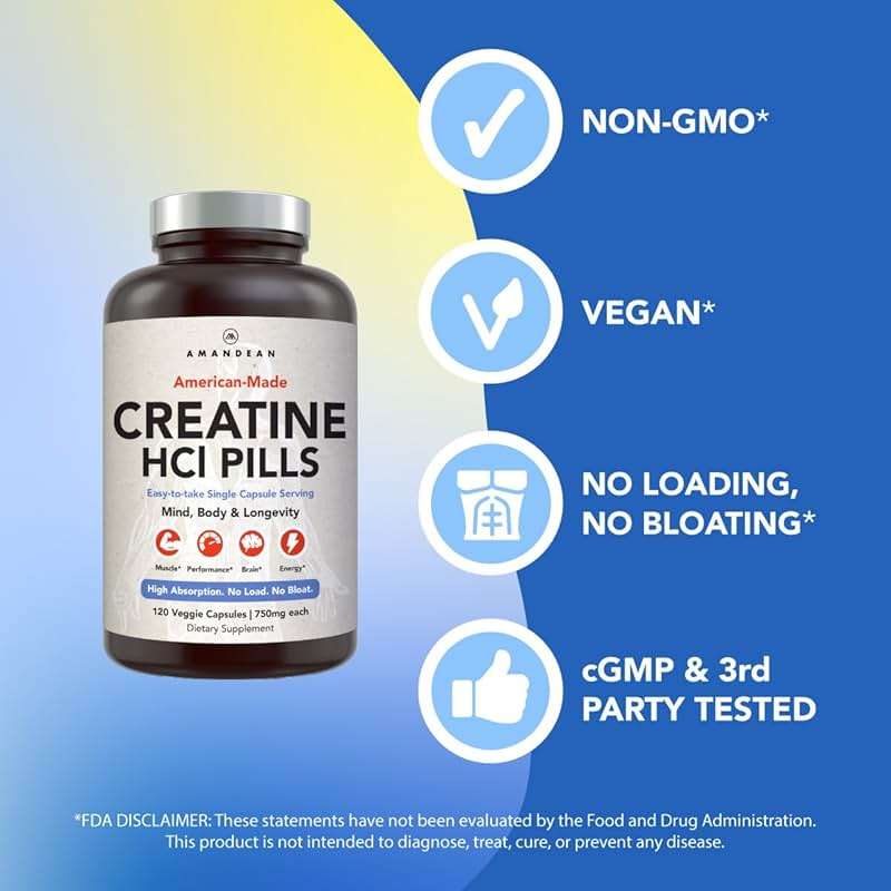 AMANDEAN Creatine HCl Pills. American Made CON-CRET. 120 Capsules, 4-Month Supply. 7X Concentrated vs Monohydrate. No Bloat. Brain Health, Muscle, Energy & Recovery for Women & Men. No Loading Phase. - Image 2