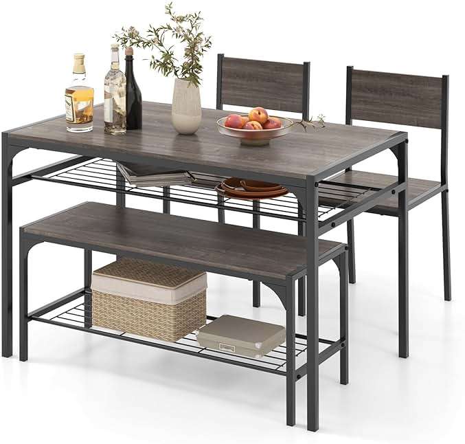 COSTWAY 4 Pieces Dining Table Set, Kitchen Table and 2 Chairs for 4 with Bench, Storage Racks, Metal Frame & Space-saving Design, Industrial Kitchen Table Set for Small Space, Apartment (Black & Grey) - Image 1