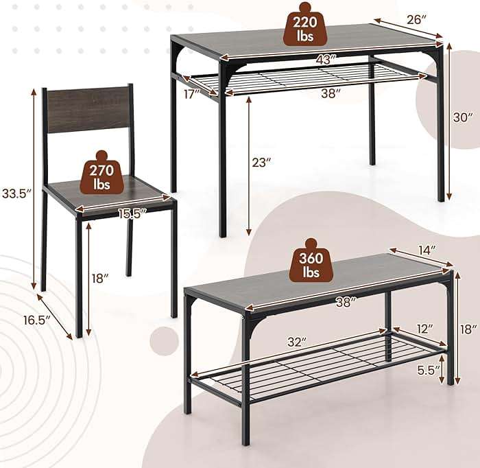 COSTWAY 4 Pieces Dining Table Set, Kitchen Table and 2 Chairs for 4 with Bench, Storage Racks, Metal Frame & Space-saving Design, Industrial Kitchen Table Set for Small Space, Apartment (Black & Grey) - Image 3