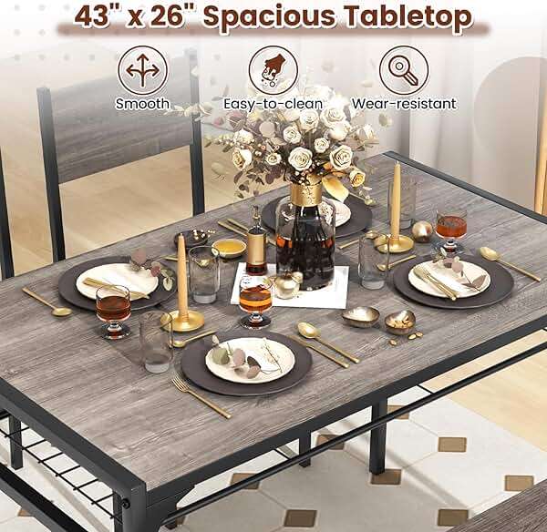 COSTWAY 4 Pieces Dining Table Set, Kitchen Table and 2 Chairs for 4 with Bench, Storage Racks, Metal Frame & Space-saving Design, Industrial Kitchen Table Set for Small Space, Apartment (Black & Grey) - Image 4