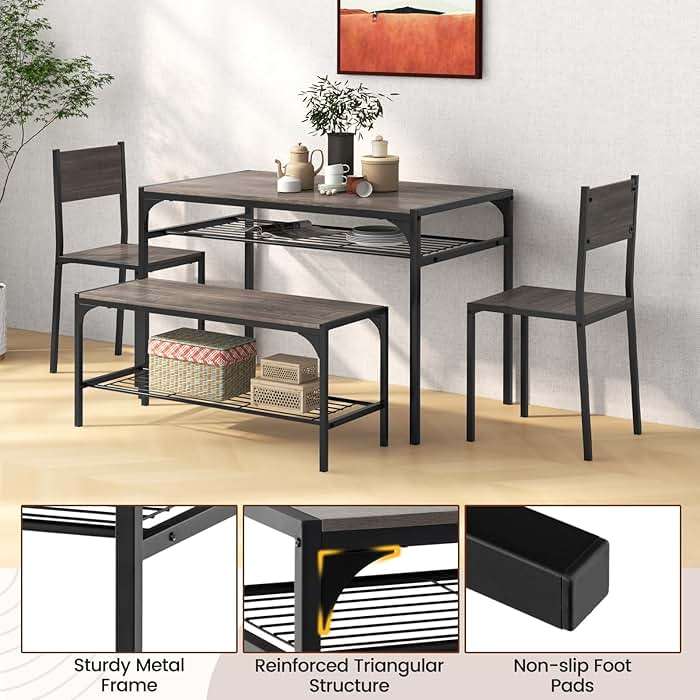 COSTWAY 4 Pieces Dining Table Set, Kitchen Table and 2 Chairs for 4 with Bench, Storage Racks, Metal Frame & Space-saving Design, Industrial Kitchen Table Set for Small Space, Apartment (Black & Grey) - Image 6