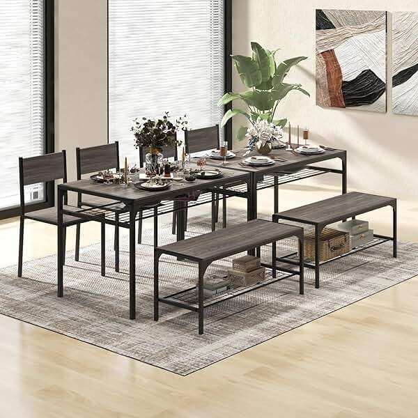COSTWAY 4 Pieces Dining Table Set, Kitchen Table and 2 Chairs for 4 with Bench, Storage Racks, Metal Frame & Space-saving Design, Industrial Kitchen Table Set for Small Space, Apartment (Black & Grey) - Image 7