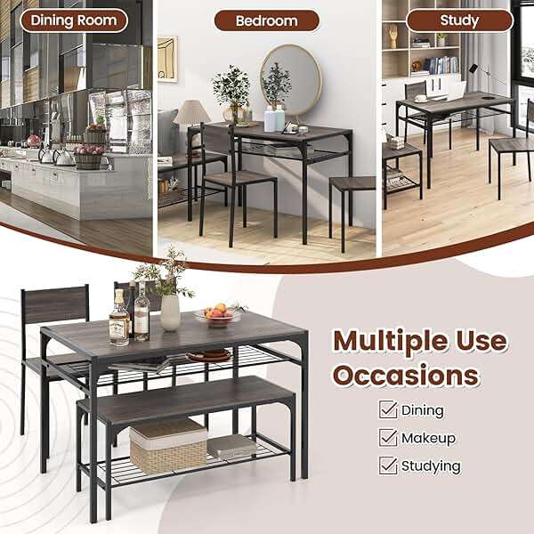 COSTWAY 4 Pieces Dining Table Set, Kitchen Table and 2 Chairs for 4 with Bench, Storage Racks, Metal Frame & Space-saving Design, Industrial Kitchen Table Set for Small Space, Apartment (Black & Grey) - Image 9