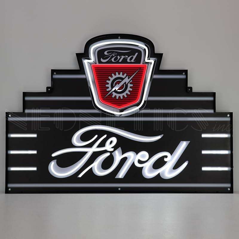 Art Deco Marquee Ford Led Flex-Neon Sign In Steel Can by Neonetics, officially licensed OLP by Ford Motor Company, bright red and white lighted tubes, measures 39 in wide by 28 in tall - sku 29ADFRD - Image 1