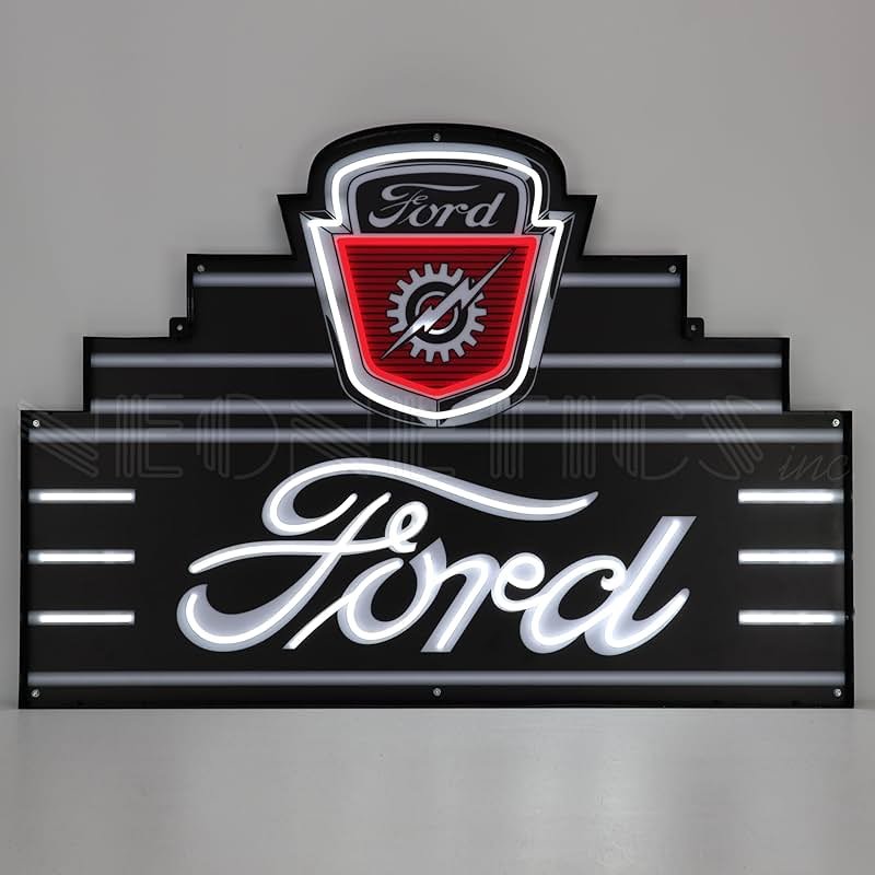 Art Deco Marquee Ford Led Flex-Neon Sign In Steel Can by Neonetics, officially licensed OLP by Ford Motor Company, bright red and white lighted tubes, measures 39 in wide by 28 in tall - sku 29ADFRD - Product Image
