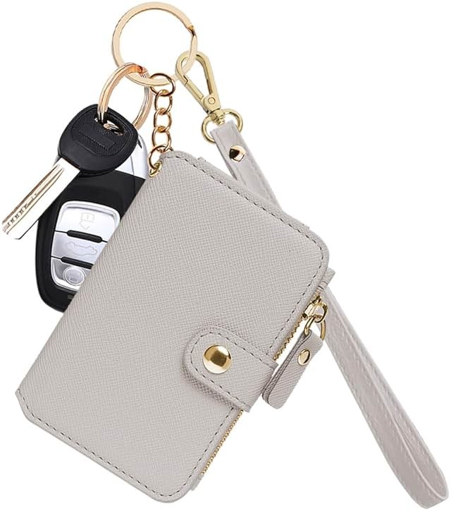 M-Plateau Wallet, Womens card Holder Leather Keychain Wallet With Zipper Coin Pocket ID Window Wrist Strap Gift Box (Beige) - Product Image