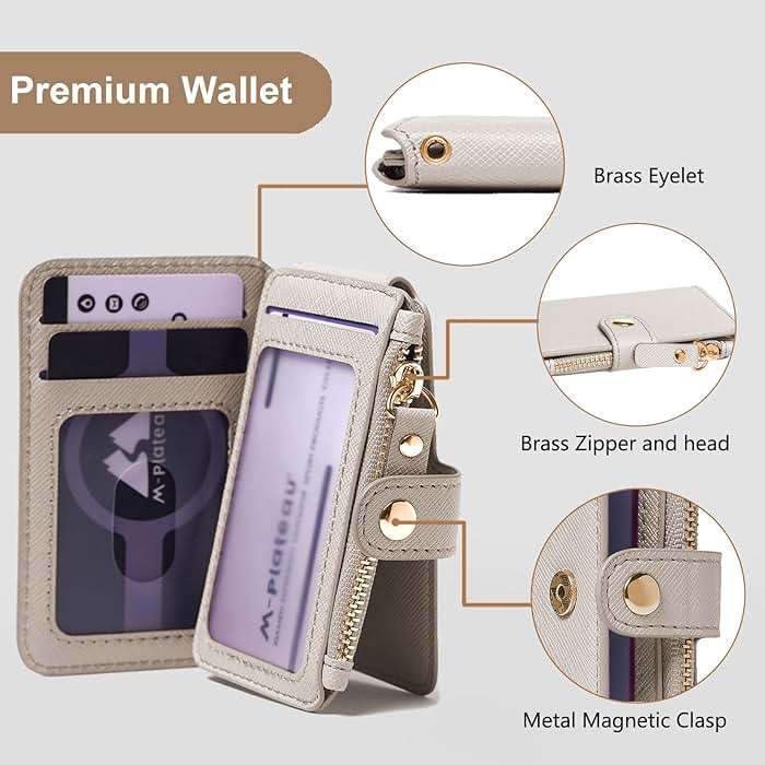 M-Plateau Wallet, Womens card Holder Leather Keychain Wallet With Zipper Coin Pocket ID Window Wrist Strap Gift Box (Beige) - Image 4
