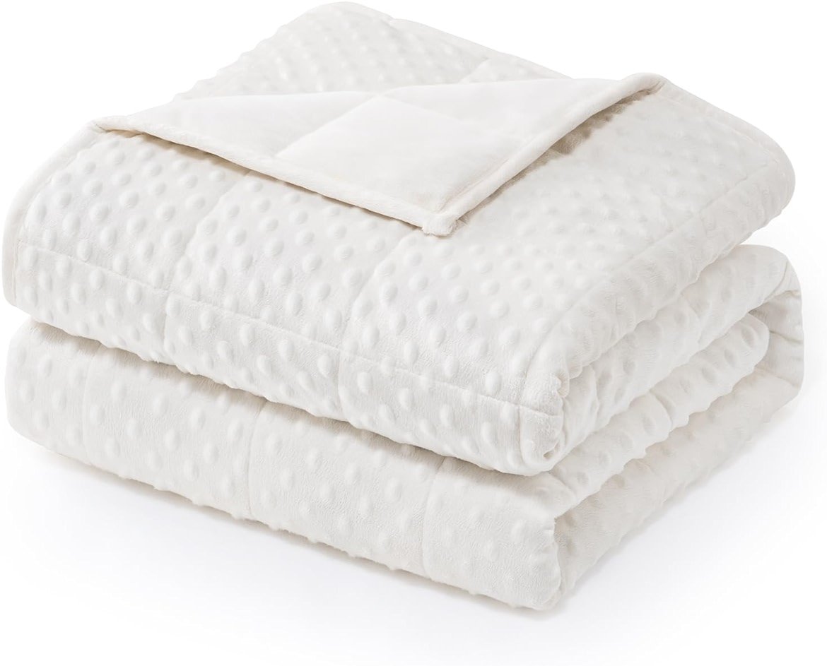 Wemore Minky Dot Weighted Blanket for Adults Queen Size 15 lbs, Soft Heavy Blanket for Stress Relief and Sleep Promotion, Breathable Blanket for All-Season with Glass Beads, White 60 x 80 inches - Product Image