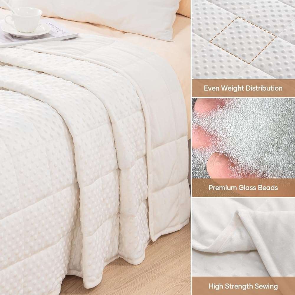 Wemore Minky Dot Weighted Blanket for Adults Queen Size 15 lbs, Soft Heavy Blanket for Stress Relief and Sleep Promotion, Breathable Blanket for All-Season with Glass Beads, White 60 x 80 inches - Image 7