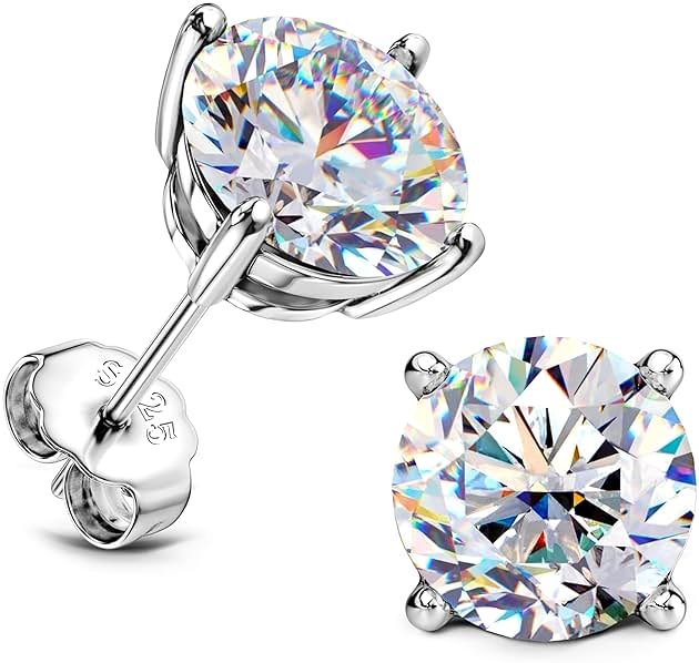 Moissanite Stud Earrings : 18K White Gold Plated Solid 925 Sterling Silver Earring Hypoallergenic Dainty Flat Back Stud Earrings Jewelry for Women Men D Color VVS1 Clarity - Product Image