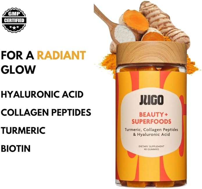 JUGO Beauty + SUPERFOODS Hair, Skin and Nails Collagen Gummies, Hyaluronic Acid and Turmeric Supplement, Cruelty-Free, Gelatin-Free and Gluten-Free Gummy Vitamins, Non-GMO, Made in USA, 40 Count - Image 2
