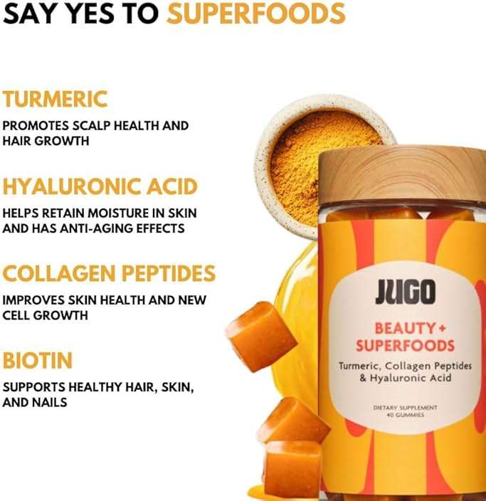 JUGO Beauty + SUPERFOODS Hair, Skin and Nails Collagen Gummies, Hyaluronic Acid and Turmeric Supplement, Cruelty-Free, Gelatin-Free and Gluten-Free Gummy Vitamins, Non-GMO, Made in USA, 40 Count - Image 4