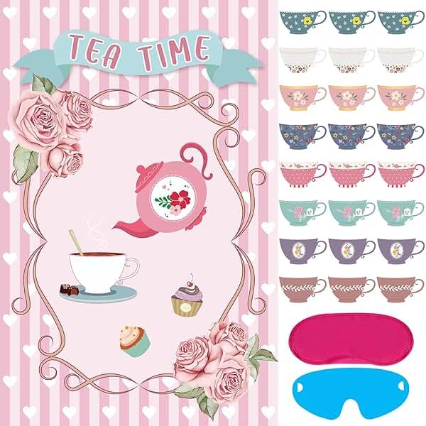 Hxezoc Tea Party Games: Pin The Tea Cup With 24 Pcs Stickers, Large Games Poster for Girls' Birthday Party - Product Image