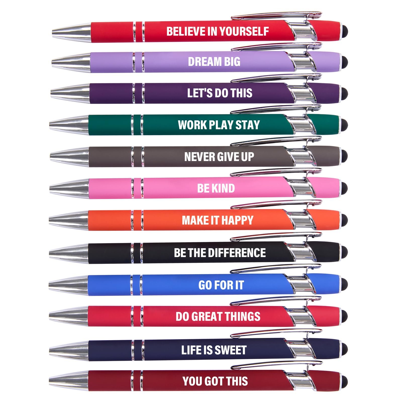 Actsun Funny Pens - 12 Pack Fine Point Smooth Writing Pens with Inspirational Tips, Black Ink, Touch Stylus Screens, Motivational Gift for Office & Desk Accessories - Product Image