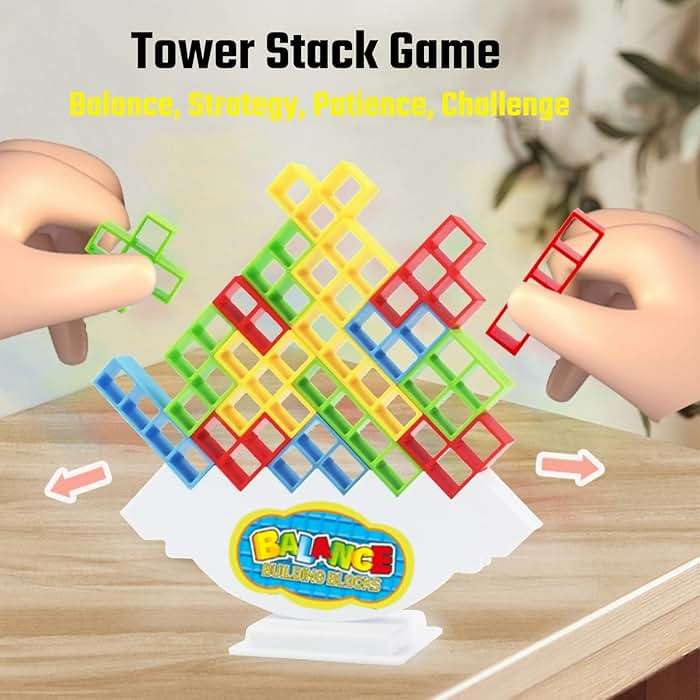 64 Pcs Stacking Tower Game with 22 Cards, Giant Tumble Balance Game for Kids, Family Games for Kids and Adults, Easter Gifts for Teen Boys & Girls, Party Board Game for Kids 6-12 & Adults - Image 2