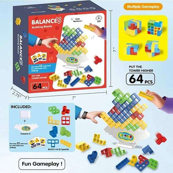 64 Pcs Stacking Tower Game with 22 Cards, Giant Tumble Balance Game for Kids, Family Games for Kids and Adults, Easter Gifts for Teen Boys & Girls, Party Board Game for Kids 6-12 & Adults - Image 6