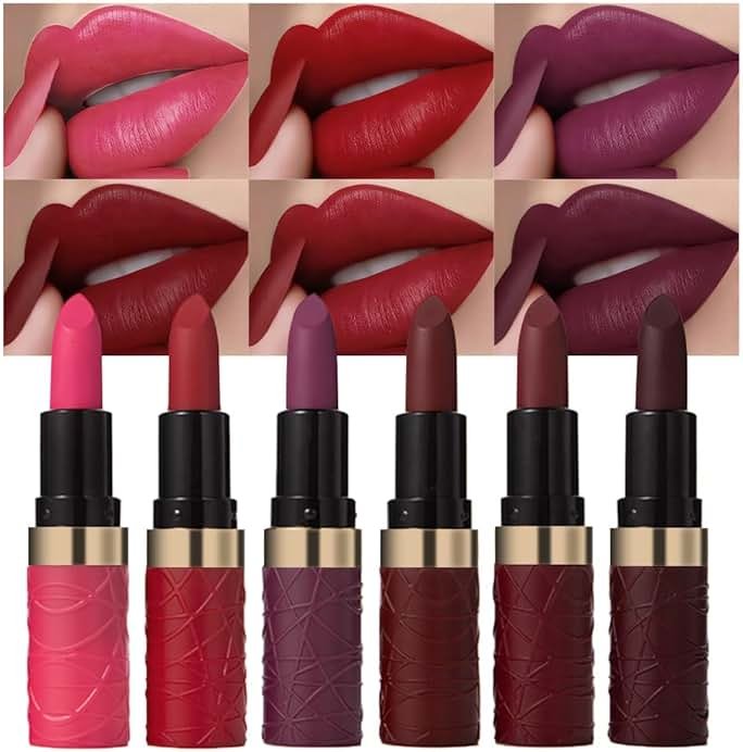 evpct 6Pcs Pink Dark Ruby Wine Red Plum Purple Matte Lipstick Sets for Women Velvet Lipstick Long Lasting Waterproof 24 Hours Lip Stick Stain Makeup Gift Set labiales mate 24 horas originales B - Product Image