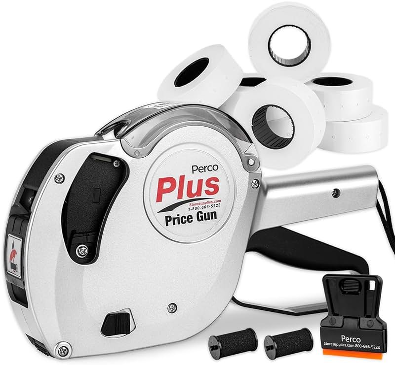 Perco Plus 1-Line Price Marking Gun with Labels Kit - Compares to Monarch 1131-01 Band Includes 1-Line 8-Character Band Price Labeler Gun, 9,000 Blank White Labels, a Label Scraper, and an Extra Inker - Product Image