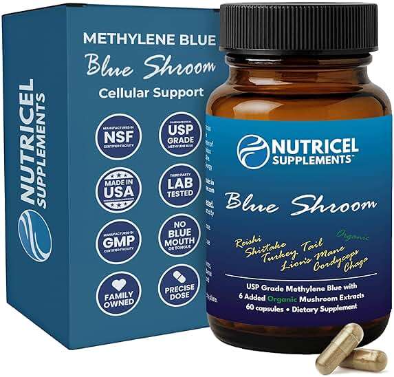 Nutricel Supplements Methylene Blue Capsules with Mushroom Extracts: Lion's Mane, Reishi, Cordyceps, Chaga, Shiitake, Turkey Tail - Trusted Made in America - 7mg (USP Grade) (60ct) - Image 1