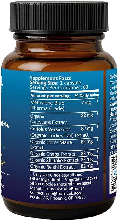 Nutricel Supplements Methylene Blue Capsules with Mushroom Extracts: Lion's Mane, Reishi, Cordyceps, Chaga, Shiitake, Turkey Tail - Trusted Made in America - 7mg (USP Grade) (60ct) - Image 3
