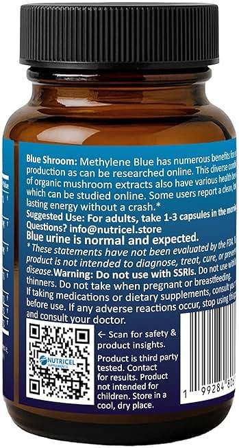 Nutricel Supplements Methylene Blue Capsules with Mushroom Extracts: Lion's Mane, Reishi, Cordyceps, Chaga, Shiitake, Turkey Tail - Trusted Made in America - 7mg (USP Grade) (60ct) - Image 4