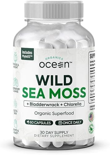 Organics Ocean Wild Sea Moss Capsules - 100% Organic Irish Sea Moss with Organic Chlorella, Bladderwrack and Vitamin D for Energy, Lung Health and Thyroid Support for Women and Men - 60 Capsules - Product Image