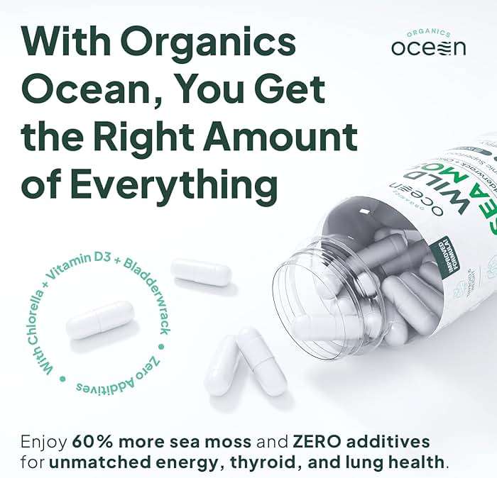 Organics Ocean Wild Sea Moss Capsules - 100% Organic Irish Sea Moss with Organic Chlorella, Bladderwrack and Vitamin D for Energy, Lung Health and Thyroid Support for Women and Men - 60 Capsules - Image 3