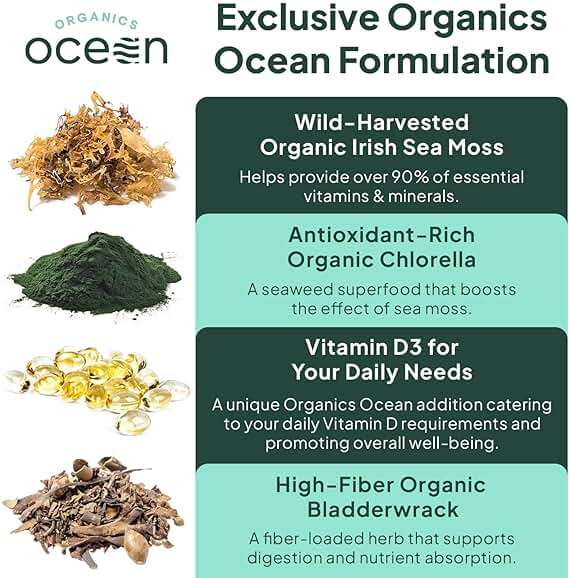 Organics Ocean Wild Sea Moss Capsules - 100% Organic Irish Sea Moss with Organic Chlorella, Bladderwrack and Vitamin D for Energy, Lung Health and Thyroid Support for Women and Men - 60 Capsules - Image 5