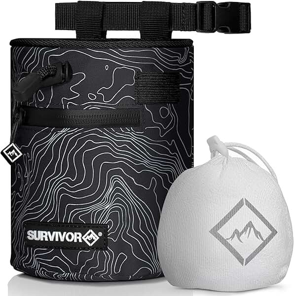 Chalk Bag + Refillable Chalk Ball - Iconic Topographical Map, Draw String Closure, 2 Zippered Pockets, & Brush Holder - Climbing Chalk Bag for Rock Climbing, Bouldering, Weightlifting, Gymnastics - Product Image