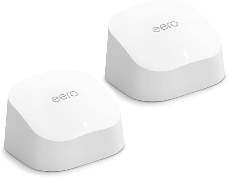 Amazon eero 6 mesh wifi system with 1-month free eero Plus (auto-renews) - Supports internet plans up to 500 Mbps, Coverage up to 3,000 sq. ft., 2-pack (1 router + 1 extender) - Product Image