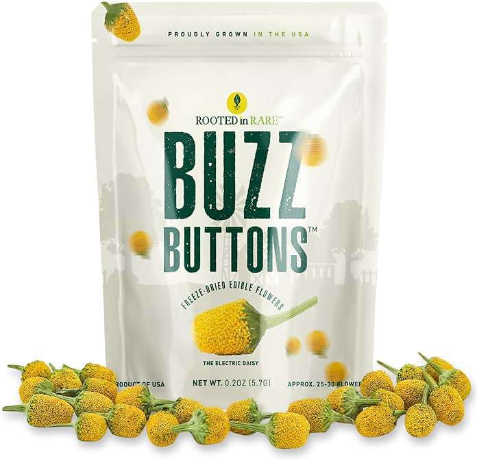 Buzz Buttons Edible Flowers For Cocktails | Grown In USA | Spilanthes | Freeze Dried Edible Flowers for Drinks | Szechuan Buttons | Edible Dried Flowers For Drink Garnish | .2oz Pouch - Image 1