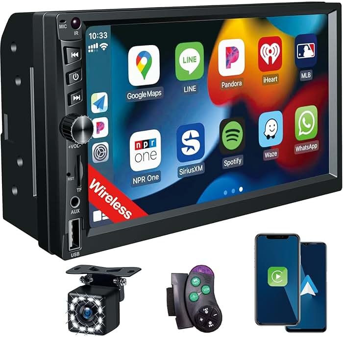 Wireless Double Din Car Stereo Works with Apple Carplay,7 Inch HD 1024 * 600 Touchscreen with Bluetooth 5.1,FM Car Radio,GPS Navigation,Backup Camera,Android Auto,Voice Control,USB/AUX/TF/SWC - Product Image