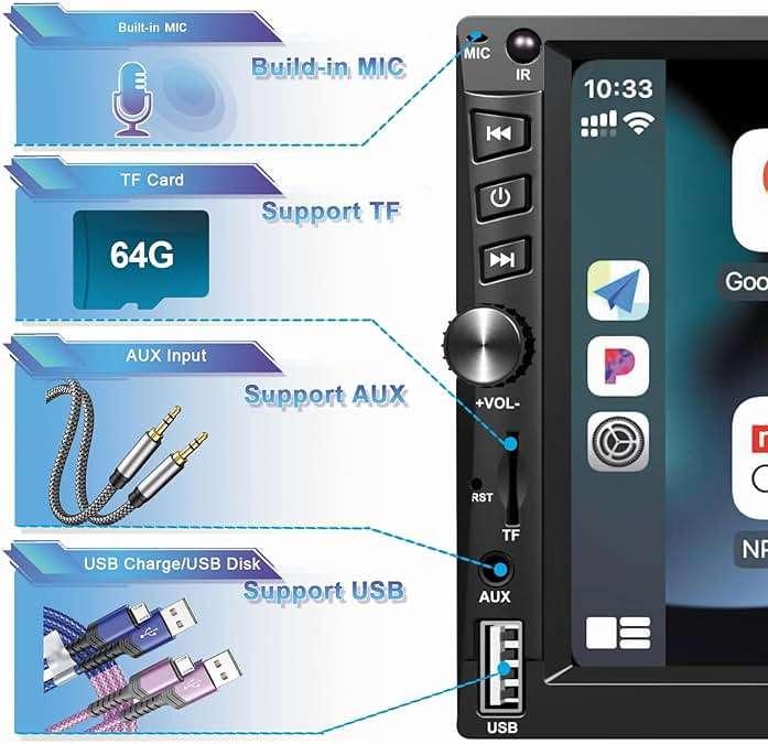 Wireless Double Din Car Stereo Works with Apple Carplay,7 Inch HD 1024 * 600 Touchscreen with Bluetooth 5.1,FM Car Radio,GPS Navigation,Backup Camera,Android Auto,Voice Control,USB/AUX/TF/SWC - Image 6