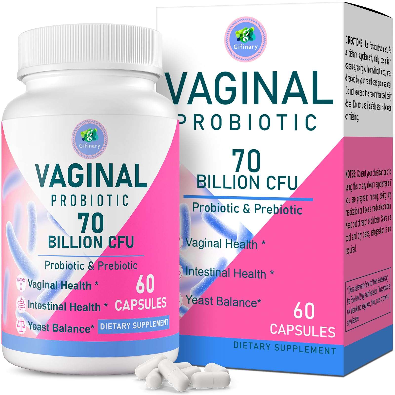 Vaginal Probiotics, PH Balance for Women, 70 Billion CFUs Womens Probiotic for Vaginal health, Urinary, Odor Control, Flor, Ph Balance & Hormone, with Prebiotic & D-Mannose - Shelf Stable, 60 Caps - Image 1