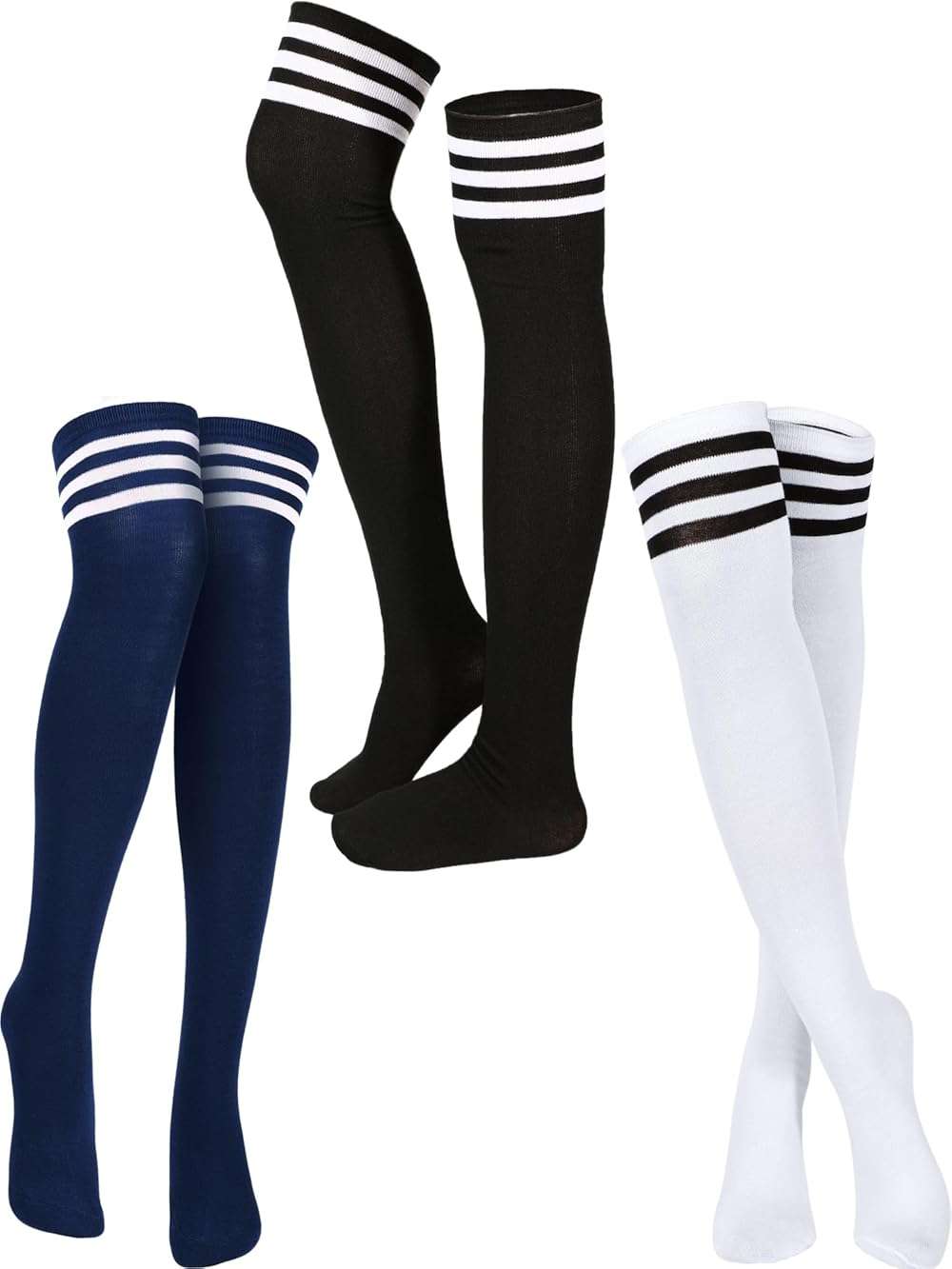 SATINIOR 3 Pairs Knee High Socks Thigh High Triple Stripe over the Knee Socks Long Opaque Thigh Stockings - Image 1