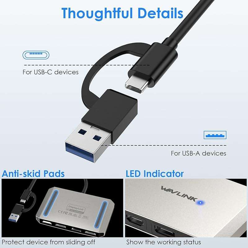 WAVLINK USB C or USB 3.0 to Dual HDMI/DisplayPort Adapter, Displaylink Monitor Splitter Extended Display for Dual Monitor 4K@60Hz, HDMI/DP Splitter Compatible with Mac M1-M5/Neo,Window Laptop-Silver - Image 6