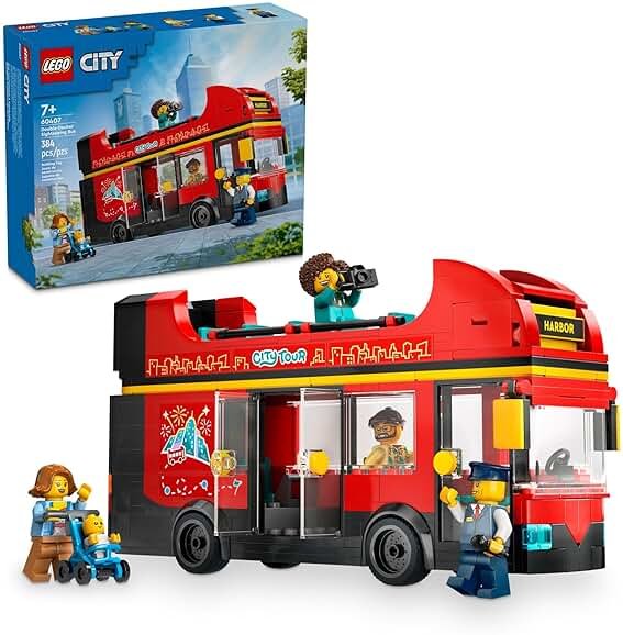 LEGO City Red Double-Decker Sightseeing Bus Toy Vehicle Set, Birthday Gift for 7 Year Olds, for Kids, Double-Decker London Bus Toy, 5 Characters Including a Baby and Stroller, 60407 - Product Image