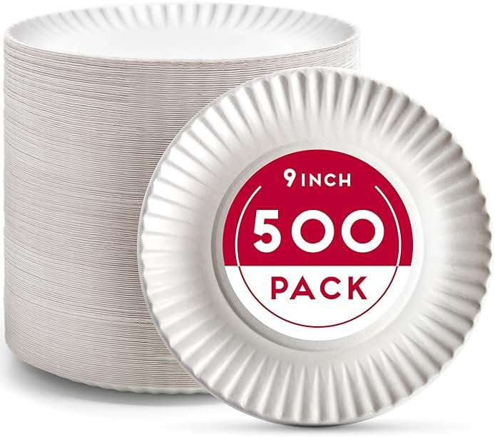Alitte 9-Inch Disposable Paper Plates - 500 Count - Bulk Pack of Uncoated Paper Plates for Everyday Use - Dinnerware for Meals, Parties And Picnics - Image 1