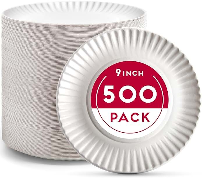 Alitte 9-Inch Disposable Paper Plates - 500 Count - Bulk Pack of Uncoated Paper Plates for Everyday Use - Dinnerware for Meals, Parties And Picnics - Product Image