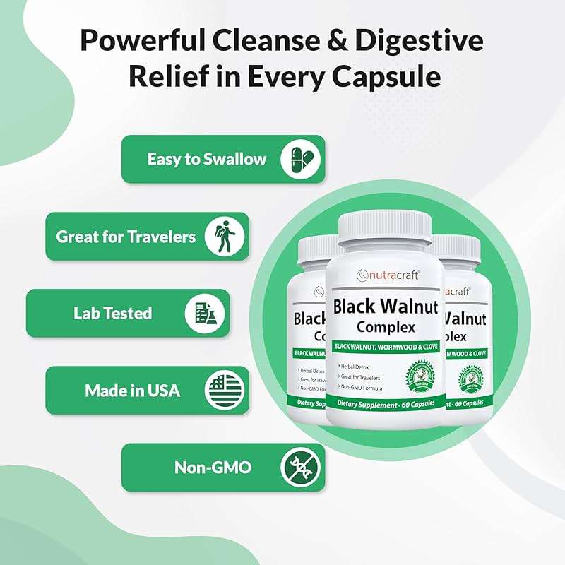 Nutracraft Black Walnut Detox Cleanse Supplement | Black Walnut, Wormwood, Clove, PAU D'Arco, Pumpkin Seed, Garlic, Zinc | Intestinal Guard for Humans | 60 Capsules - Image 9