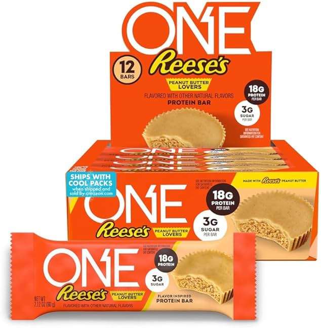 ONE Protein Bars, Reese's Peanut Butter Lovers, Gluten Free with 18g Protein and 3g Sugar, Pantry Staples, 2.12 oz (12 Count) - Image 1