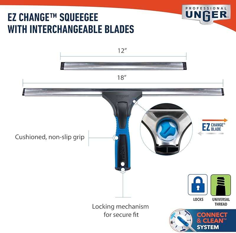 Unger Professional Connect and Clean 18” EZ Change Window and Glass Cleaning Squeegee, Large and Small Windows, Rubber Blade Tool for Streak-Free Results, Includes 12” Channel - Image 5