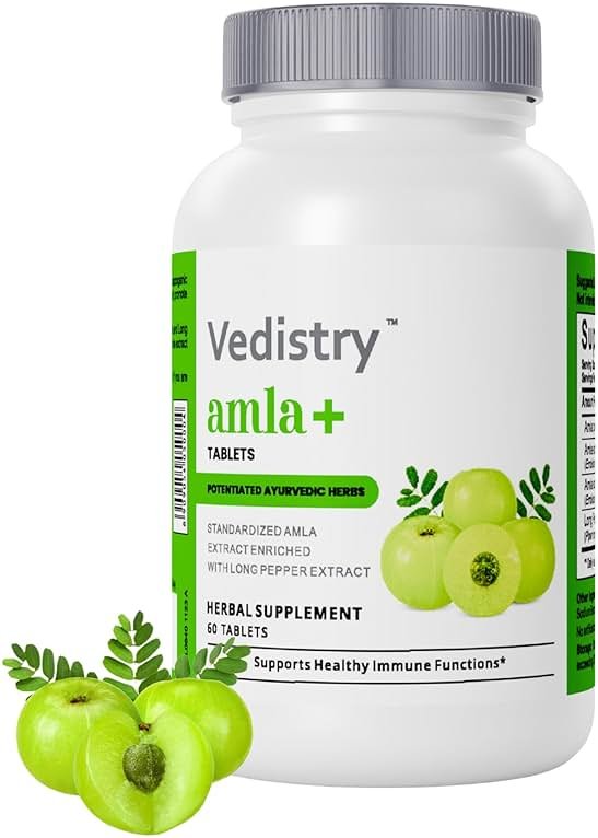 Vedistry Amla Supplement 1100mg Indian Gooseberry Tablet with Long Pepper for Immunity & Energy Herbal Supplement Rich in Vitamin C & Antioxidant for Hair Growth, Energy & Overall Wellness– 60 Tablets - Product Image